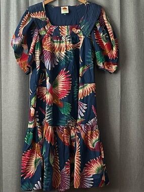 FARM Rio Navy Midi Dress with Multicolor Parrot Print